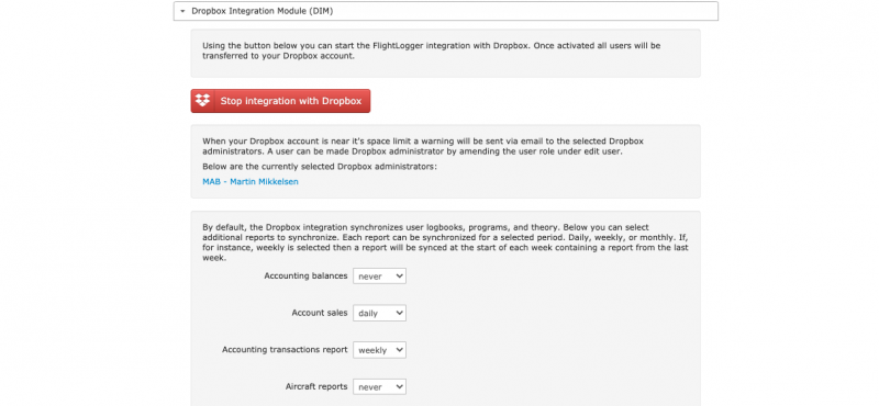 FlightLogger Dropbox integration module reports