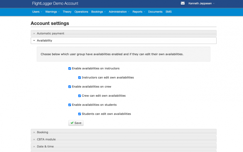 FlightLogger availabilities settings